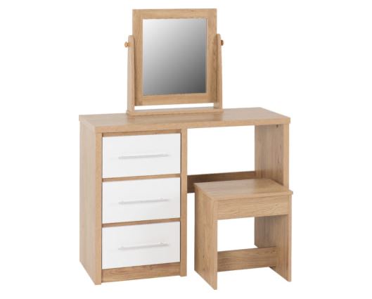 Seville 3 Drawer Dressing Table Set - White High Gloss/Light Oak Effect Veneer