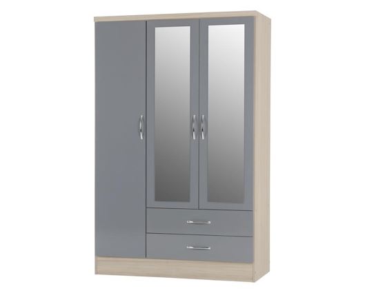 Nevada 3 Door 2 Drawer Mirrored Wardrobe - Grey Gloss/Light Oak Effect Veneer