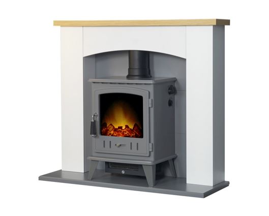 Adam Huxley in Pure White & Grey with Aviemore Electric Stove in Grey Enamel, 39 Inch