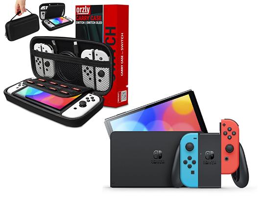 Nintendo Switch OLED Neon Console with Orzly Protective Carry Case