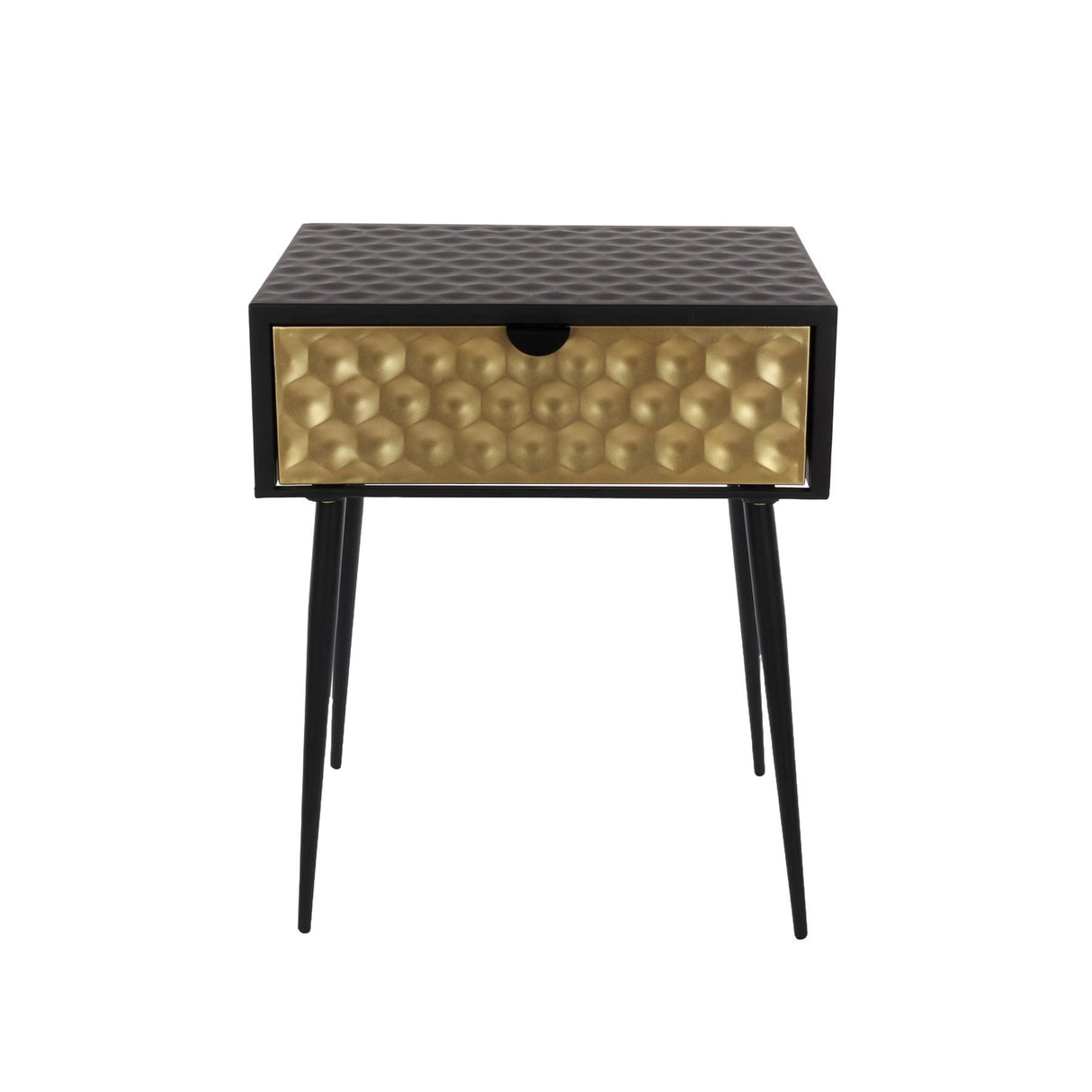 Jupiter metal 1 drawer bedside cabinet, gold drawer with black handle and legs