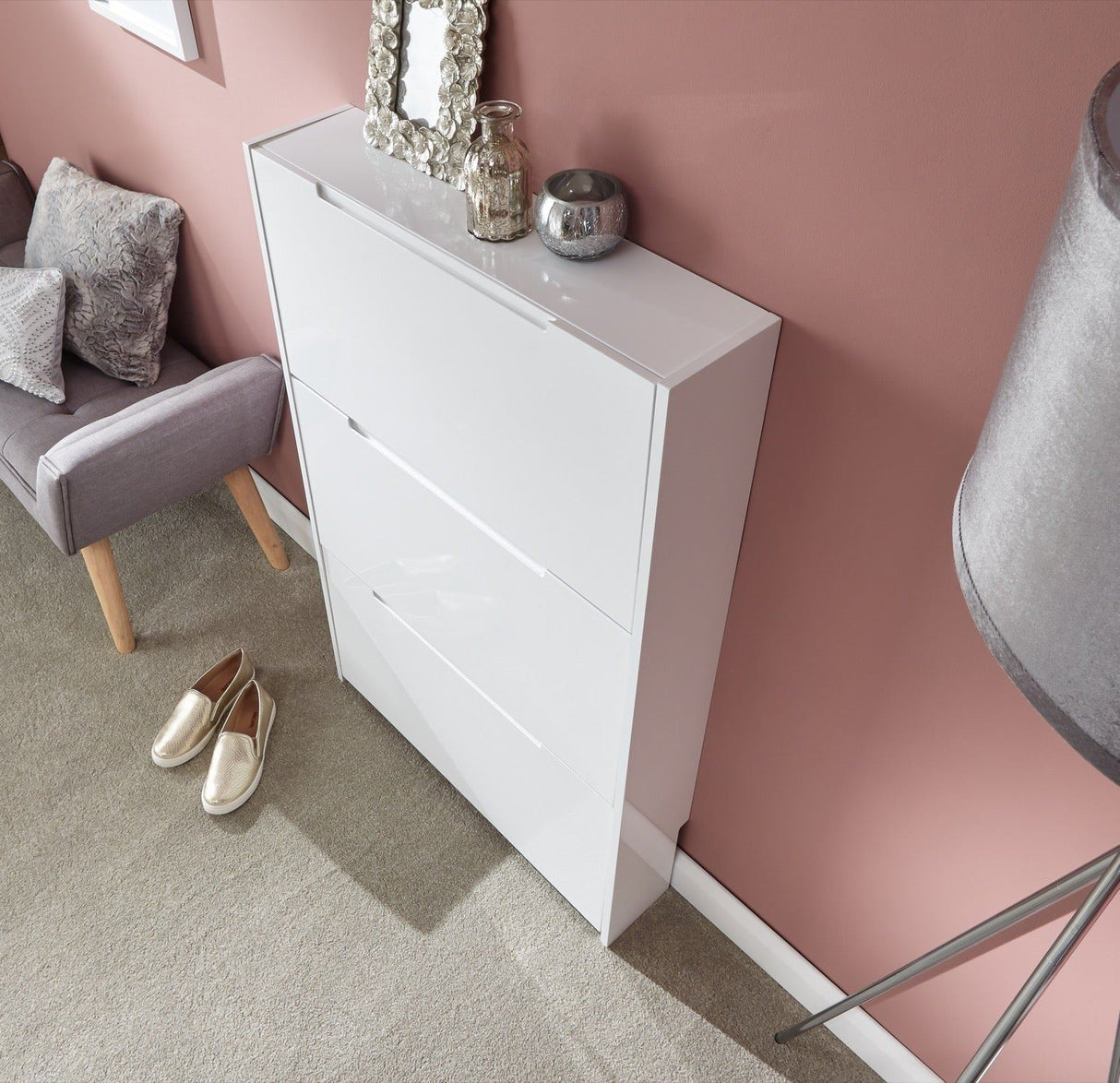 Narrow high gloss 3 tier shoe cabinet white