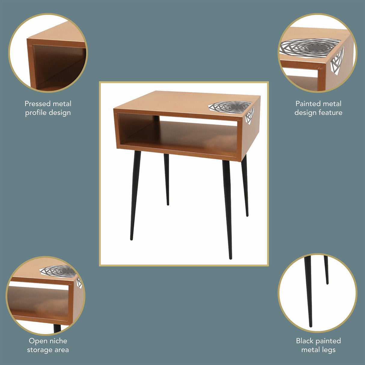 Galaxy metal bedside table, copper with black legs