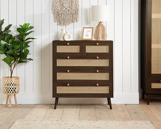 Croxley 5 Drawer Rattan Chest - Walnut