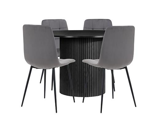 Axel Round Fluted Dining Table with 4 Fabric Chairs - Black