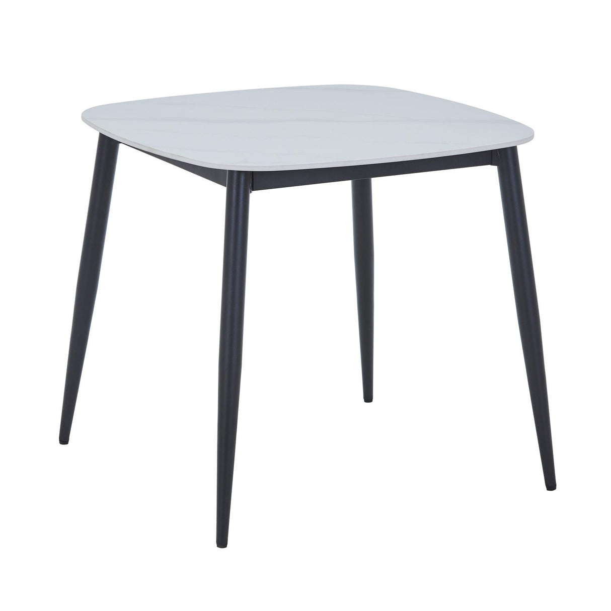 Aspen square dining table, gloss white sintered stone top with black tapered legs