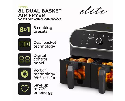 Tower 8 Litre Dual Basket Air Fryer with Viewing Windows