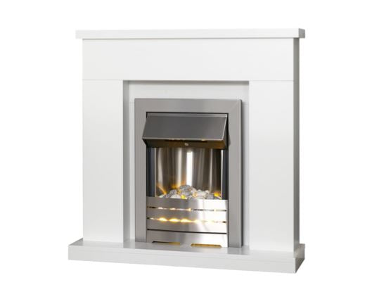 Adam Lomond Fireplace Suite in Pure White with Helios Electric Fire in Brushed Steel, 39 Inch