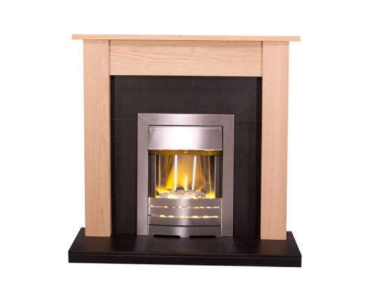 Adam Southwold Fireplace Suite in Oak and Black with Helios Electric Fire in Brushed Steel, 43 Inch