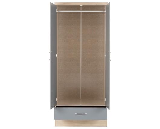 NEVADA 2 DOOR 1 DRAWER WARDROBE BEDROOM SET - GREY GLOSS/LIGHT OAK EFFECT VENEER