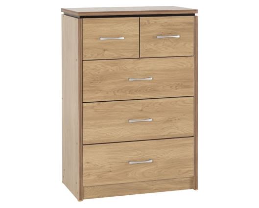 Charles 3+2 Drawer Chest - Oak Effect Veneer with Walnut Trim