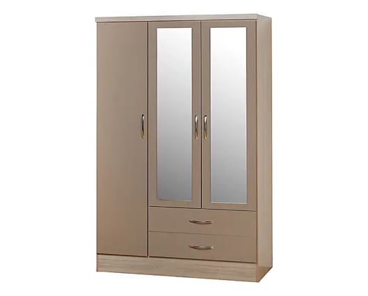 Nevada 3 Door 2 Drawer Mirrored Wardrobe - Oyster Gloss/Light Oak Effect Veneer