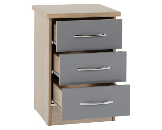 Nevada 3 Drawer Bedside Chest - Grey Gloss/Light Oak Effect Veneer