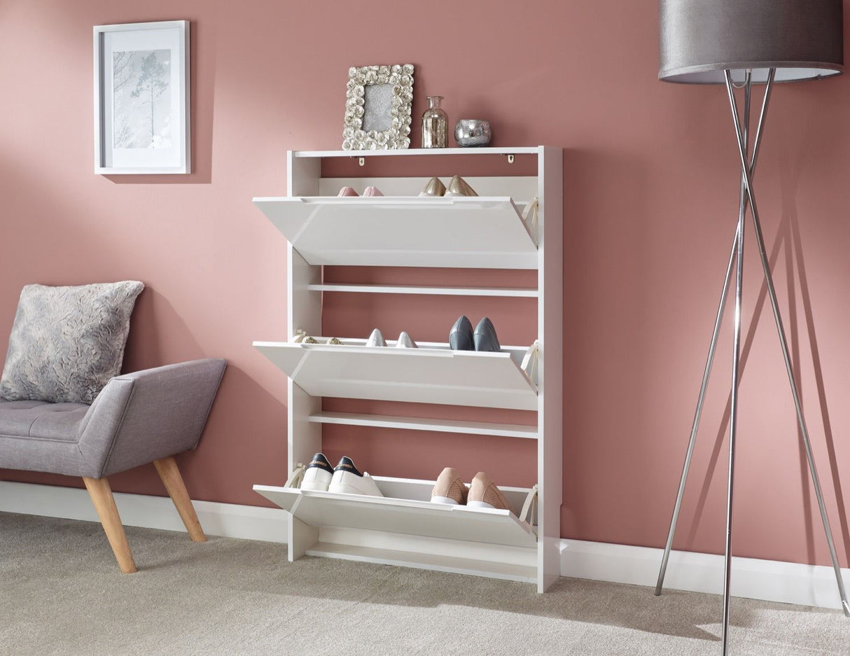 Narrow high gloss 3 tier shoe cabinet white