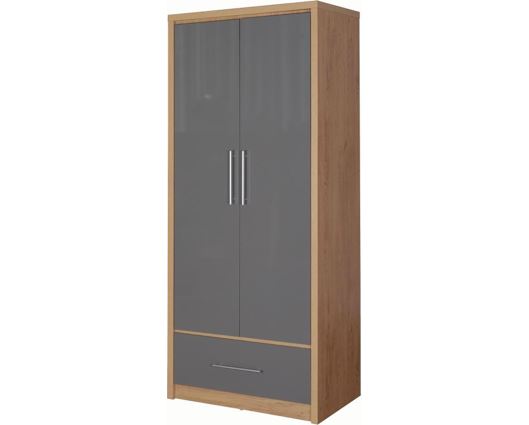 Seville 2 Door 1 Drawer Wardrobe - Grey High Gloss/Light Oak Effect Veneer