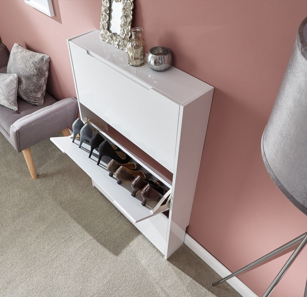 Narrow high gloss 3 tier shoe cabinet white