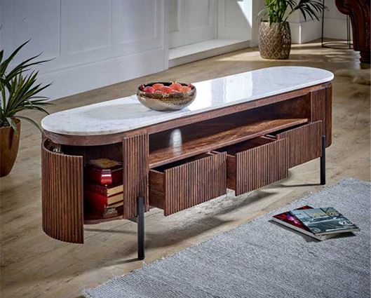 Opal Mango Wood Large TV Stand With Marble Top & Metal Legs