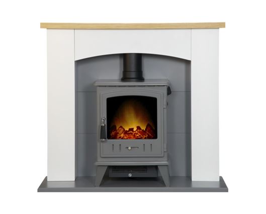 Adam Huxley in Pure White & Grey with Aviemore Electric Stove in Grey Enamel, 39 Inch