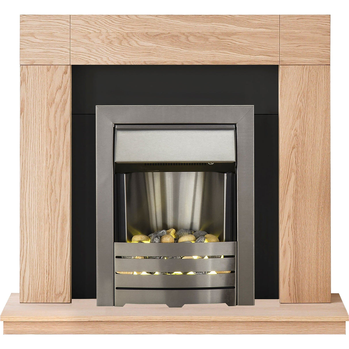 Adam Malmo Fireplace Suite in Oak with Helios Electric Fire in Brushed Steel, 39 Inch