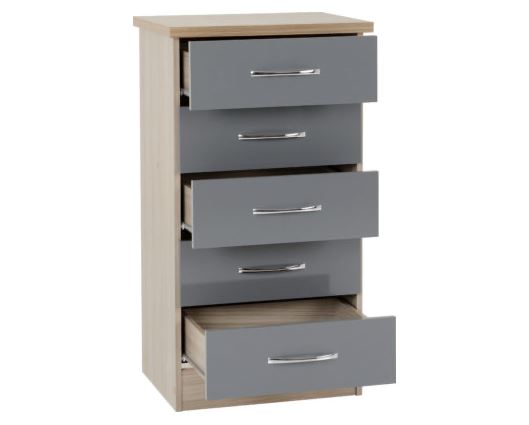 Nevada 5 Drawer Narrow Chest - Grey Gloss/Light Oak Effect Veneer