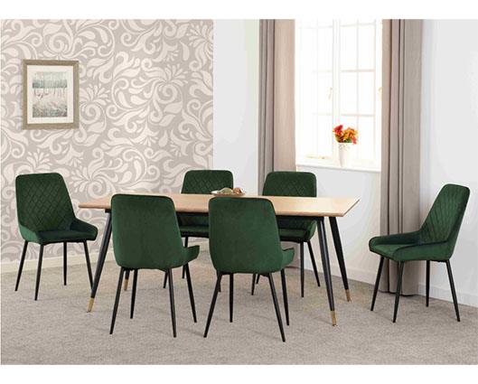 HAMILTON & AVERY LARGE DINING SET (X6 CHAIRS) - MEDIUM OAK EFFECT/EMERALD GREEN VELVET