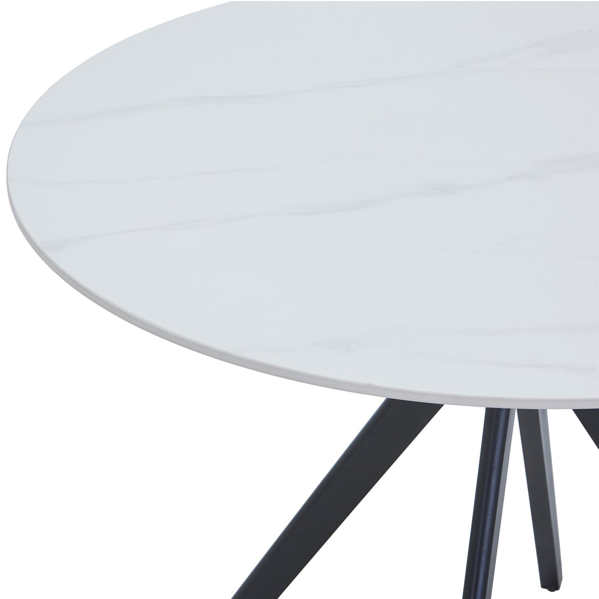 Aspen round dining table, gloss white sintered stone table top with black pedestal leg