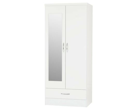 Nevada Mirrored 2 Door 1 Drawer Wardrobe - White Gloss