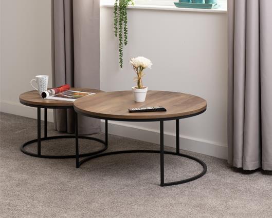 Quebec Round Coffee Table Set - Medium Oak Effect/Black