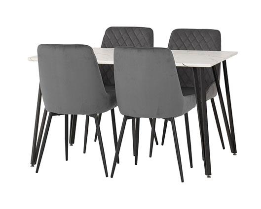 MARLOW & AVERY DINING SET (X4 CHAIRS) - WHITE MARBLE/GREY VELVET