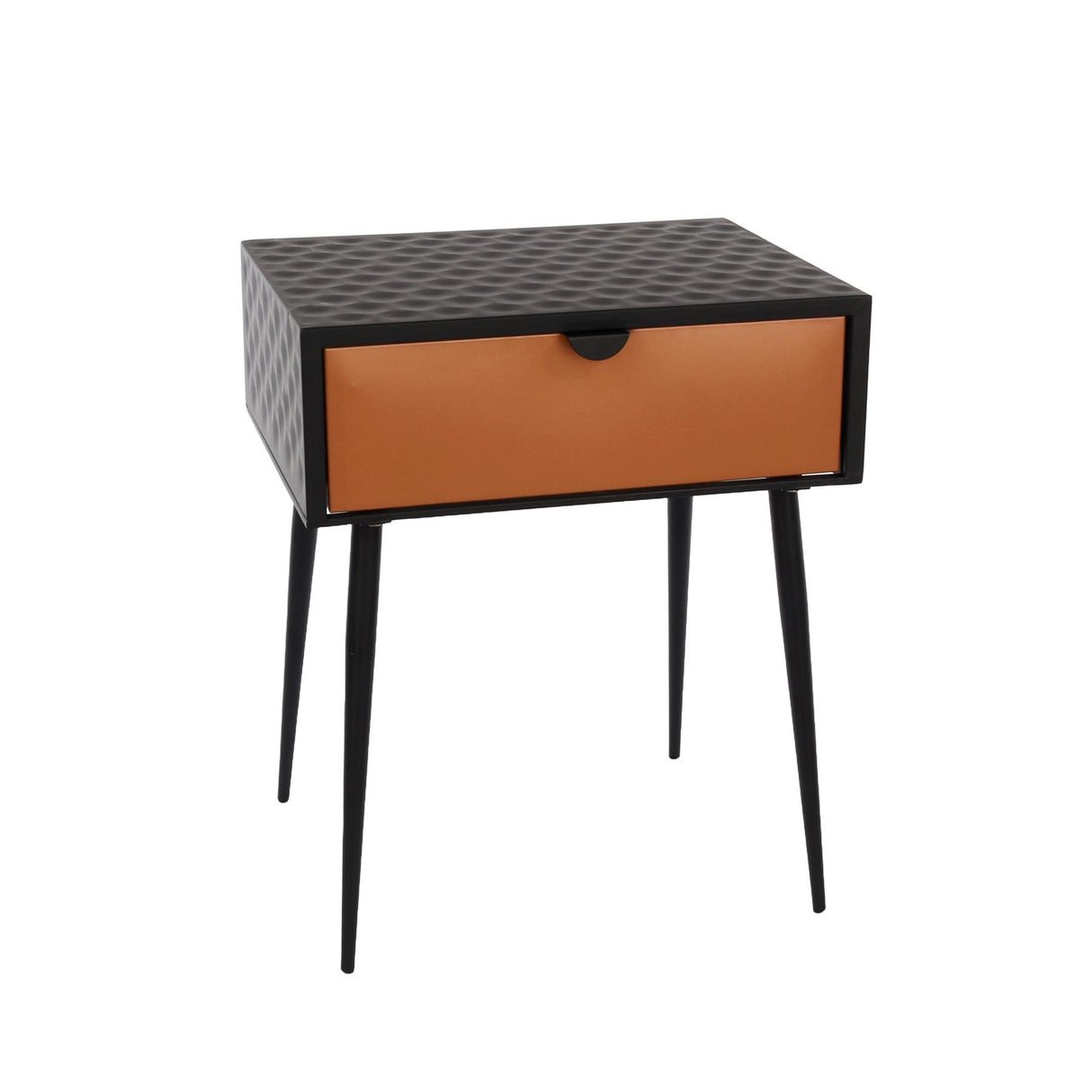 Jupiter metal 1 drawer bedside cabinet, copper drawer with black handle legs