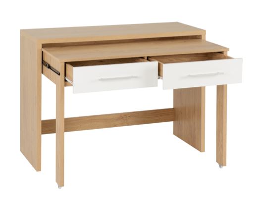 Seville 2 Drawer Slider Desk - White High Gloss/Light Oak Effect Veneer