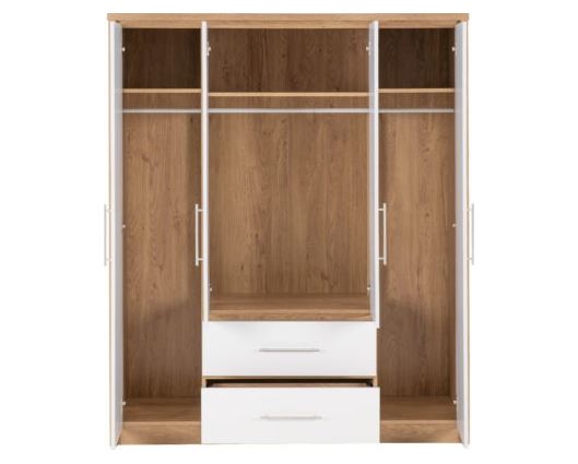 Seville 4 Door 2 Drawer Wardrobe - White High Gloss/Light Oak Effect Veneer