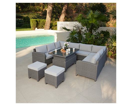 Hadley D.GreyRattan U-shape 8Seat Rising Table+2Stools+cover