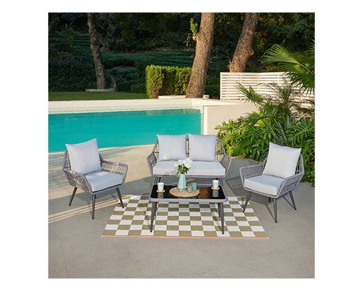 Grey 4 Piece Lounge Set & Black Glass Table