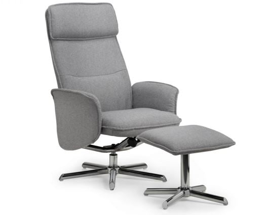 ARIA RECLINER & STOOL WITH CHROME BASE - GREY LINEN