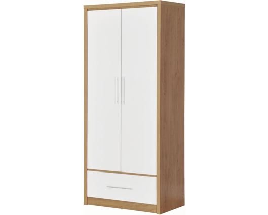 Seville 2 Door 1 Drawer Wardrobe - White High Gloss/Light Oak Effect Veneer
