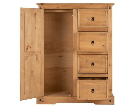 Corona 1 Door 4 Drawer Low Wardrobe - Distressed Waxed Pine