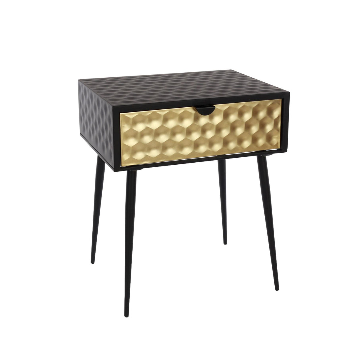 Jupiter metal 1 drawer bedside cabinet, gold drawer with black handle and legs