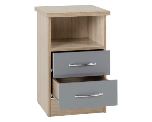 Nevada 2 Drawer Bedside - Grey Gloss/Light Oak Effect Veneer