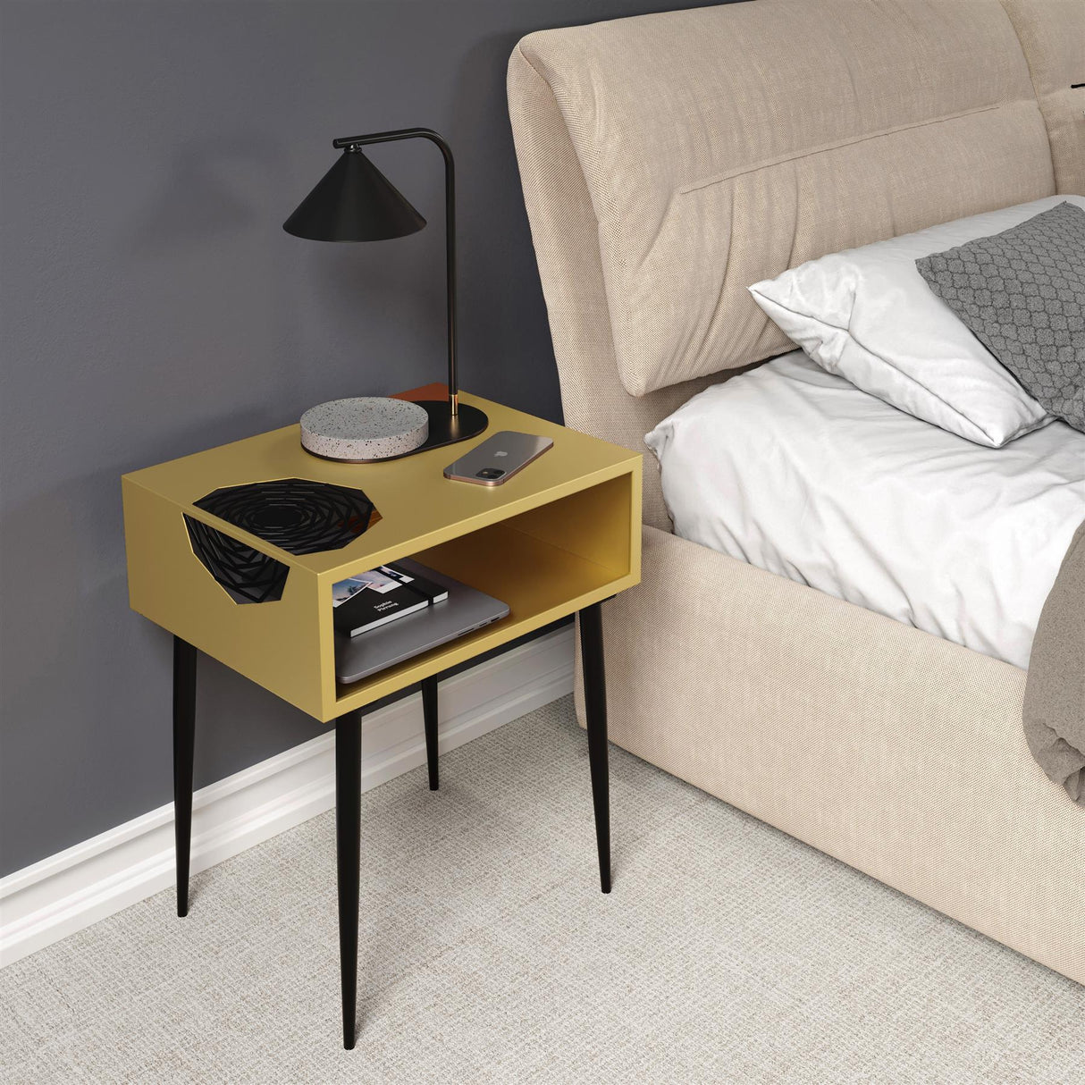 Galaxy metal bedside table, gold with black legs