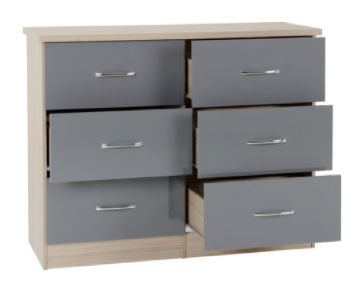 Nevada 6 Drawer Chest - Grey Gloss/Light Oak Effect Veneer