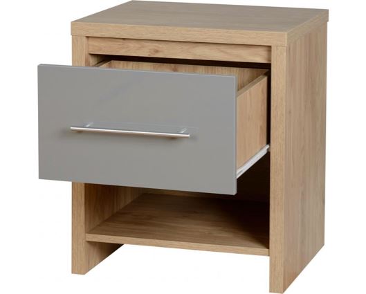 Seville 1 Drawer Bedside Cabinet - Grey High Gloss/Light Oak Effect Veneer