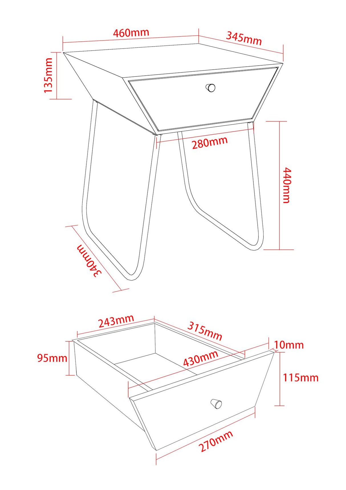 Apollo metal 1 drawer bedside cabinet, copper drawer, black cabinet, handle and legs