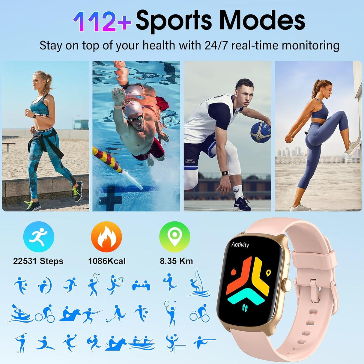 Smart Watch for Women Men - Pink