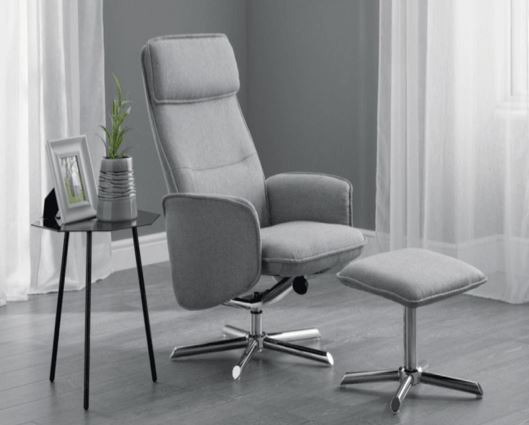 ARIA RECLINER & STOOL WITH CHROME BASE - GREY LINEN