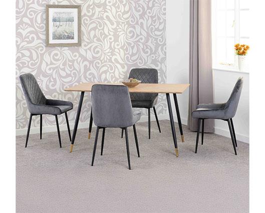 HAMILTON & AVERY MEDIUM DINING SET (X4 CHAIRS) - MEDIUM OAK EFFECT/GREY VELVET