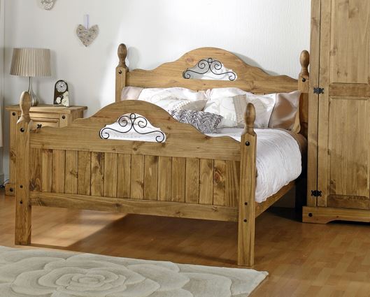 Corona Scroll Double Bed High Foot End - Distressed Waxed Pine