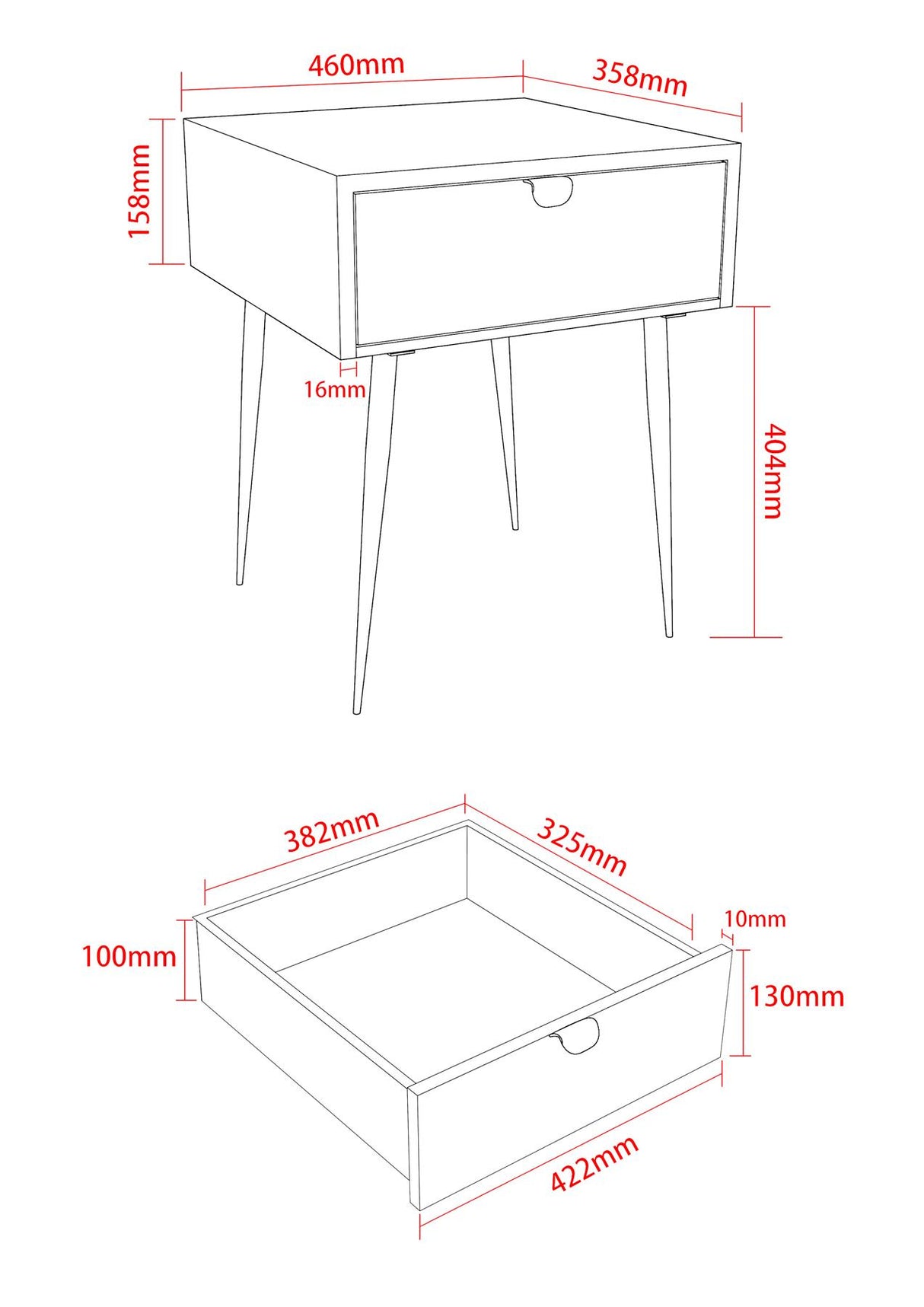 Jupiter metal 1 drawer bedside cabinet, gold drawer with black handle and legs