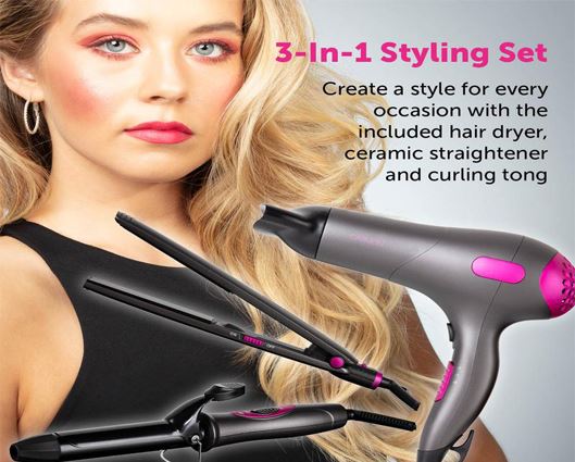 Carmen C81128 Neon Triple Pack Gift Set with DC Hair Dryer, 25 mm Curling Tong, Hair Straightener, Pink and Graphite