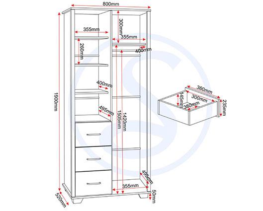 OLIVER 1 DOOR 3 DRAWER OPEN SHELF WARDROBE - LIGHT OAK EFFECT